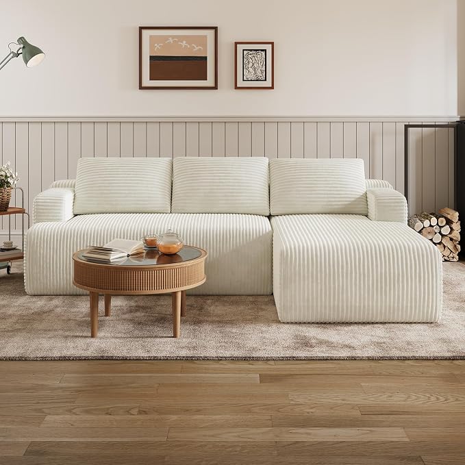 Novilla L-Shape Sectional Couches for Living Room with Smarts Coil® Support, 3 Seater Sectional Sofas for Living Room Bedroom, Corduroy Cloud Couch Sectional, No Assembly(Beige, Right Hand Facing)