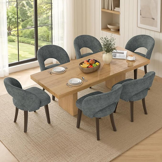 Dining Chairs Set of 6, Mid Century Modern Dining Chairs with Solid Wood Legs, Curved Back Kitchen Chair Farmhouse Side Upholstered Chairs for Kitchen Dining Room, Gray