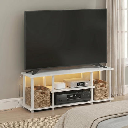 Furinno Turn-N-Tube TV Stand with LED Lights, 3-Tier No Tools 3D Entertainment Center, TV Console for TV up to 50 Inch, for Living Room, Bedroom, White