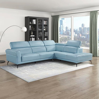 Lexicon L-Shaped Sectional Couch with Right Chaise, Top Grain Leather Match Sectional Sofa, Adjustable Headrests, Black Chrome Metal Legs, High-Density Cushions, Stitching, for Living Room, Blue