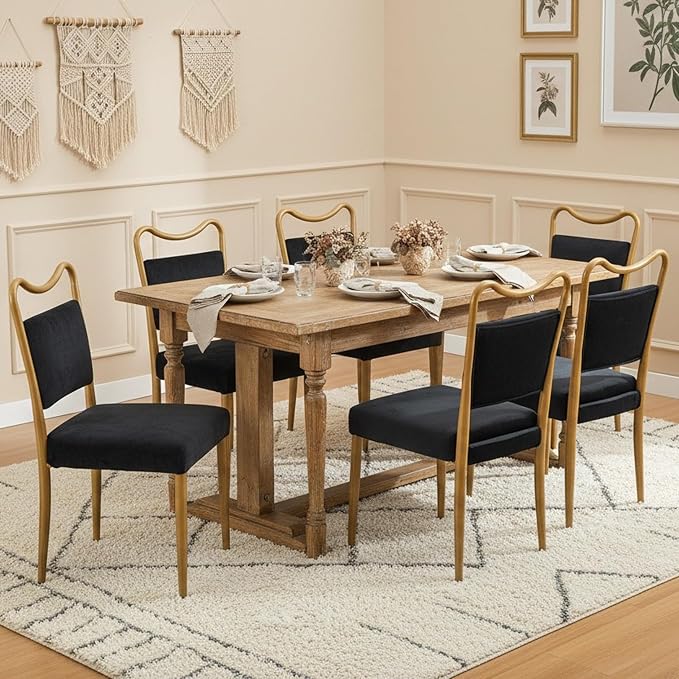 Velvet Dining Chairs Set of 6, Upholstered Dining Chairs with Wood Grained Metal Frame, Mid Century Modern Velvet Chairs for Dining Room, Kitchen and Restaurant,Velvet Black