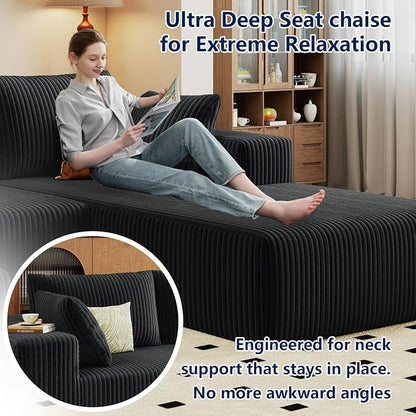 96" Modular Sectional Sofa, Modern Corduroy Cloud Couch with Deep Seat, Boneless Couch Upholstered 3-Seater L-Shaped Sofa for Living Room, No Assembly Required (Black, Right-Facing Chaise)