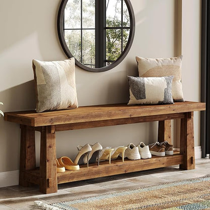 55" Solid Wood Entryway Bench with Shoe Storage, Rustic Hardwood Finishes Foyer Bench with Open Shelf for Hallway, Mudroom, Bedroom, Easy Assembly