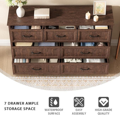 CARPETNAL Farmhouse Dresser and Nightstand Sets for Bedroom, 3 Pcs Bedroom Set, 7 Drawer Dresser & Nightstand Set of 2, Modern Wood Chest of Drawers for Bedroom, Living Room, Entryway, Brown