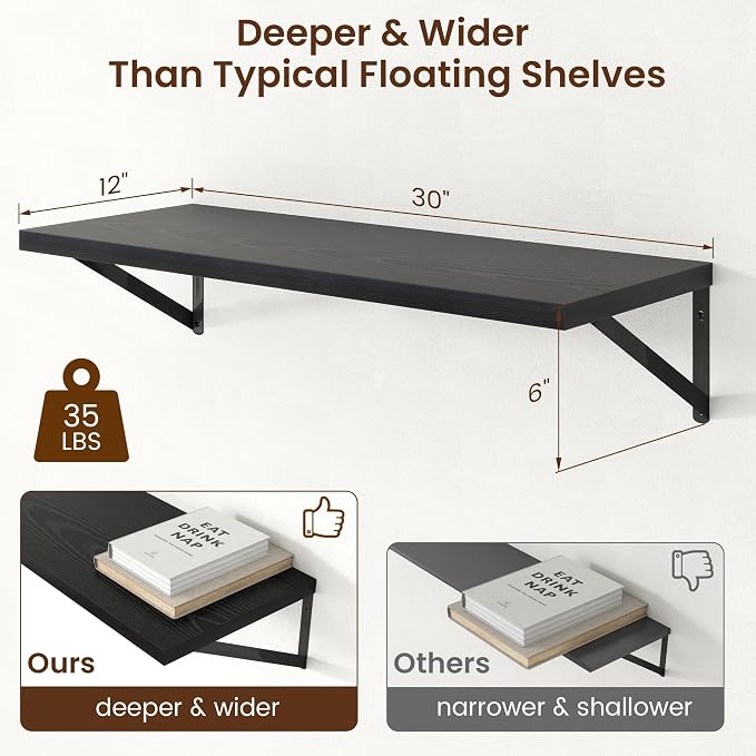 Axeman Deep Floating Shelves - 30 Inch Black Floating Shelves Set of 2-12 Inch Deep Wood Wall Shelves for Living Room Bathroom Kitchen