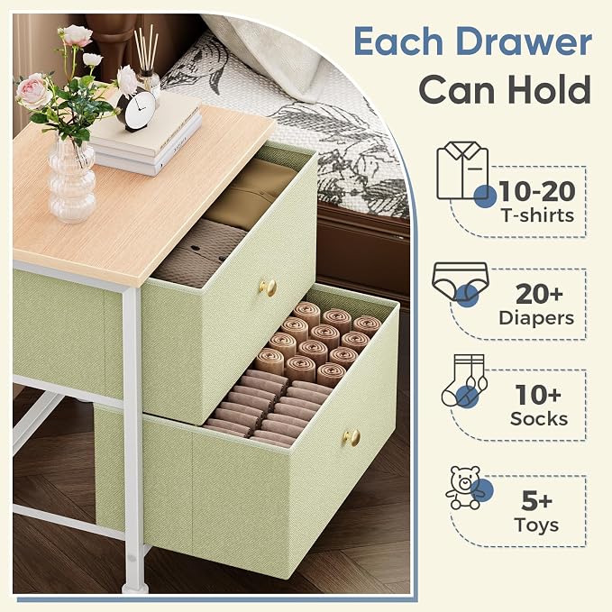 DUMOS Nightstand Set of 2, Bedside Table for Bedroom, Small Dresser | Side/End Table with 2 Fabric Drawers, Storage Cabinet Furniture, 20 Inch Night Stand for Closet, Entryway, Light Green 2Pack