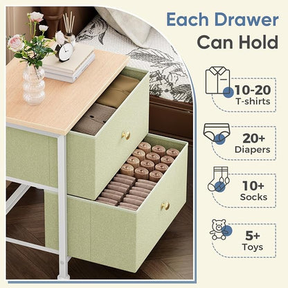 DUMOS Nightstand Set of 2, Bedside Table for Bedroom, Small Dresser | Side/End Table with 2 Fabric Drawers, Storage Cabinet Furniture, 20 Inch Night Stand for Closet, Entryway, Light Green 2Pack