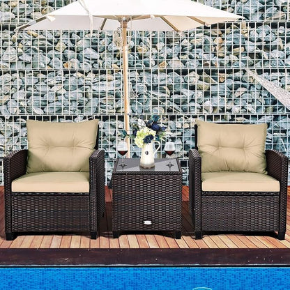 Tangkula 3 Pieces Patio Furniture Set, PE Rattan Wicker 3 Pcs Outdoor Sofa Set w/Washable Cushion and Tempered Glass Tabletop, Conversation Furniture for Garden Poolside Balcony (Beige)