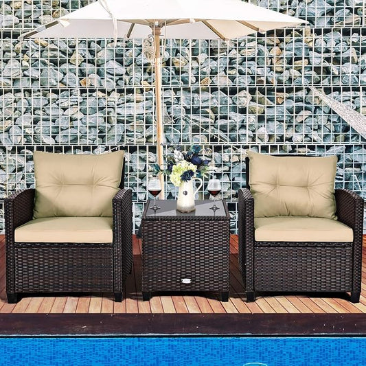 Tangkula 3 Pieces Patio Furniture Set, PE Rattan Wicker 3 Pcs Outdoor Sofa Set w/Washable Cushion and Tempered Glass Tabletop, Conversation Furniture for Garden Poolside Balcony (Beige)