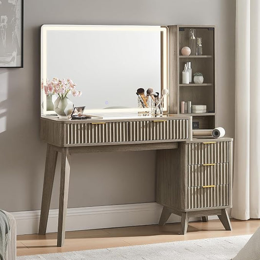 T4TREAM 48" Fluted Makeup Vanity Desk with Large 36" Mirror and Lights, Modern Glass Top Big Vanity Table w/5 Drawers & Adjustable Shelves, Dressing Table w/Charging Station for Bedroom, Brown Alder