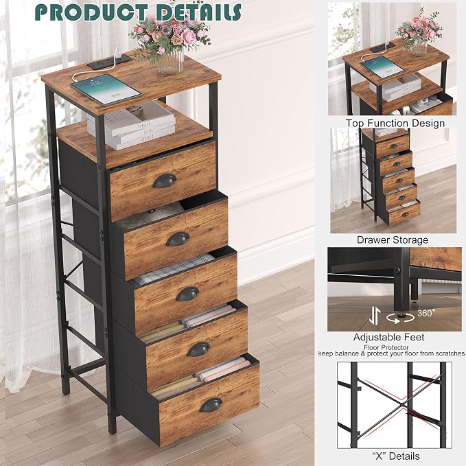 sthmec Nightstand with Charging Station,LED Night Stand with 5 Fabric Drawers, Bedside End Tables, 2-Tier Open Storage Shelf Side Table Nightstands with Drawers for Bedroom,Rustic Brown