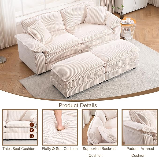 84.6” Corduroy Loveseat with Ottoman, Oversized Double Chaise Lounge Chair Indoor Deep Seat Two Seater Couch Cloud Couch Modular Sectional Sofa for Living Room(Corduroy White)