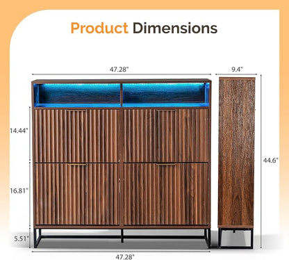 VINGLI Walnut Fluted Shoe Cabinet for Entryway, Narrow Hidden Shoe Storage Organizer with 4 Flip Drawers & 16-Color LED Lights, Mid Century Modern Slim Freestanding Shoe Rack with Cubby