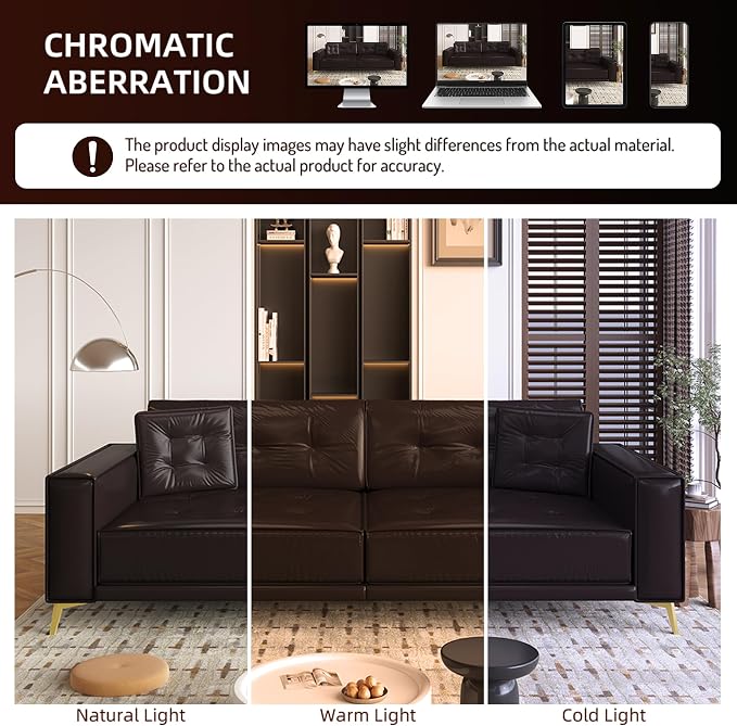 92.1'' Pull Out Sofa Bed King, Faux Leather Futon Couch, 3-in-1 Convertible Sleeper Sofa with Tufted Back, Gold Furniture Legs, Deep Loveseat for Living Room, Apartment, Office, Dark Brown