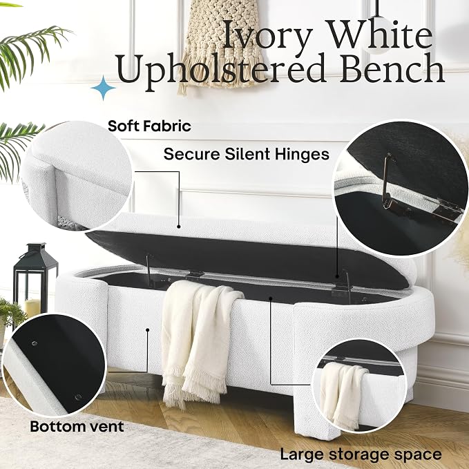 51.5" Oval Storage Bench End of Bed Storage Benches Linen Fabric Upholstered Ottoman Bench with Large Storage Space for Living Room Entryway Bedroom Hallway (Ivory White, 51.5 inch)