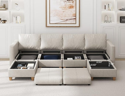EASE MOOSE Modular Sectional Sofa with Storage, Faux Leather Sectional, Leather Couches for Living Room,Whitesand