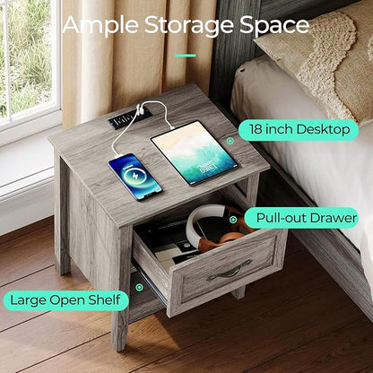 LINSY Night Stands Set of 2, 18.9" Farmhouse Wood Side Tables with Type-C Charging Station, Drawer & Open Storage Shelf – Perfect for Bedroom, Living Room, Sofa, or Office