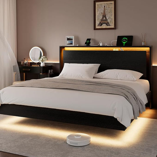 Einhomn King Size Bed Frame with LED Lights & Charging Station – Wood Floating Bed Frame with Storage Headboard, Adhesive Slats, Kick-Free & Noise-Free Design, Easy Assembly, Black