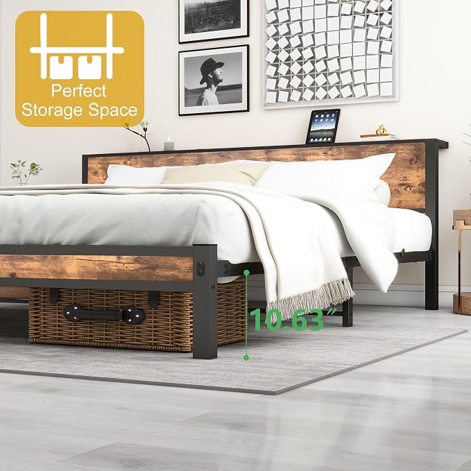DUMEE King Bed Frame with Wood Storage Headboard, Metal Platform Bed Frames King Size, No Box Spring Needed, Noise Free, Black & Vintage Brown