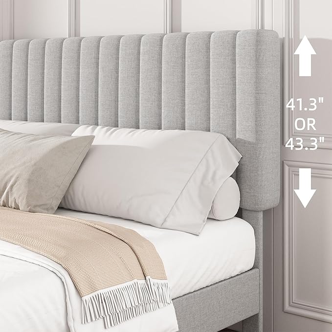 King Size Platform Bed Frame with Vertical Channel Tufted Headboard, No Box Spring Needed, Noise-Free, Easy Assembly, Light Grey Linen