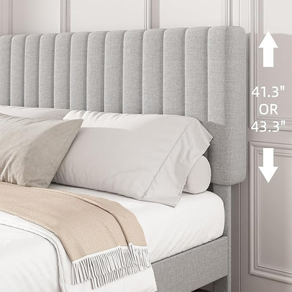 King Size Platform Bed Frame with Vertical Channel Tufted Headboard, No Box Spring Needed, Noise-Free, Easy Assembly, Light Grey Linen