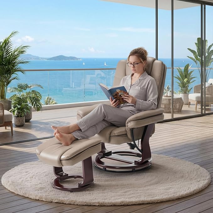 Swivel Recliner Chair with Ottoman Reclining Lounge Sofa Footrest, Set of 1 | 360°Sturdy Wood Base, Soft PU Leather, Upholstered Ultra-Plush Foam, Modern Armchair, Living Room Bedroom Office Reading Home