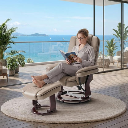 Swivel Recliner Chair with Ottoman Reclining Lounge Sofa Footrest, Set of 1 | 360°Sturdy Wood Base, Soft PU Leather, Upholstered Ultra-Plush Foam, Modern Armchair, Living Room Bedroom Office Reading Home