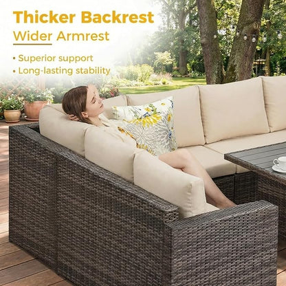 Wisteria Lane 7 Piece Patio Furniture Set, Wicker Patio Sectional with Wide Armrest, All Weather Outdoor Dining Set, Outdoor Furniture Patio Conversation Set with Ottoman, Beige