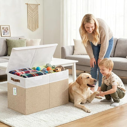 Bagnizer Large Toy Storage Box with Lids, Collapsible Sturdy Baby Storage Organizer Chest Bin Basket for Kids, Boys, Girls, Playroom, Nursery, Bedroom, Closet 25"x13"x16" (Beige and White)
