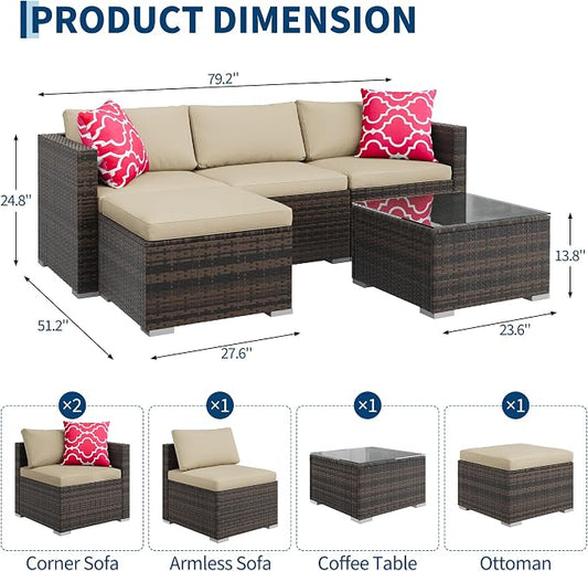 GAOMON 5-Piece All-Weather Patio Furniture Set, Convertible Outdoor Sectional Sofa with Ottoman & Tempered Glass Table, PE Rattan Conversation Set for Garden, Backyard, Porch, Poolside