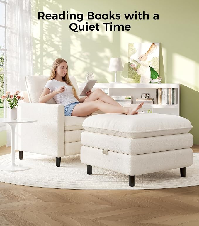 Welzona 3-Layers Cloud Accent Chair with Ottoman, 33" Comfy Reading Chair for Bedroom, Living Room, Tool-Free Assembly with Teddy Fabric Arm Chairs and Ottoman Set, Beige, Removable Washable Cover