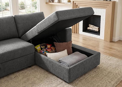 HONBAY Sectional Sleeper Sofa with Pull-Out Bed Storage Chaise, 6 Seaters Couch for Living Room, Light Grey
