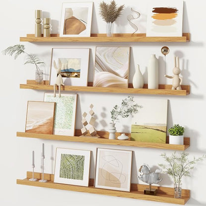 Fun Memories Picture Ledge Shelves Set of 4, 36 Inch Rustic Wall Mounted Floating Shelves with Lip for Home Storage and Décor in Bathroom, Kitchen, Nursery, Bedroom, Living Room, Oak