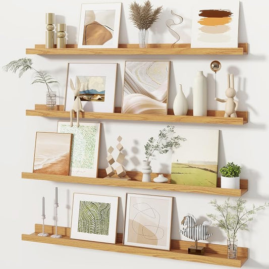 Fun Memories Picture Ledge Shelves Set of 4, 36 Inch Rustic Wall Mounted Floating Shelves with Lip for Home Storage and Décor in Bathroom, Kitchen, Nursery, Bedroom, Living Room, Oak