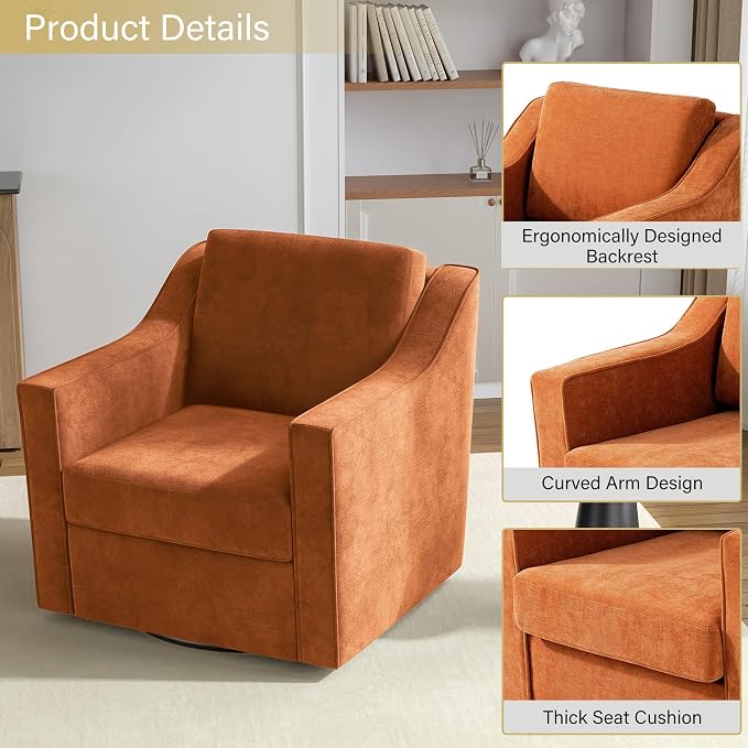 Swivel Accent Chairs Set of 2, Comfy Chenille Swivel Chair with Deep Seat, Upholstered Club Armchair with 360 Degree Rotation Base, Single Sofa Reading Chair for Living Room Bedroom, Orange