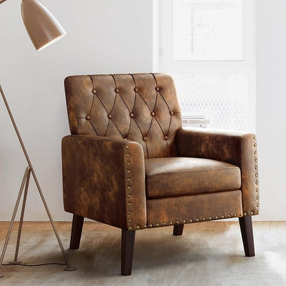 LUE BONA Upholstered Faux Leather Accent Chair 18.5" H, Button Tufted Armchair, Comfy Living Room Chair with Arms, Modern Arm Chairs for Bedroom, Living Room, Small Space Yellowish Brown