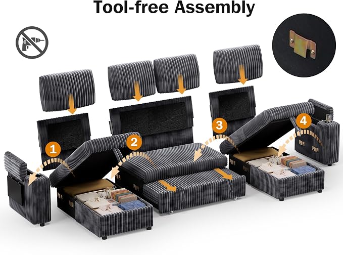 Vipbear 108" Modular Sectional Sleeper Sofa with Pull Out Bed, 4 Seat Plush Corduroy U Shaped Couch with USB Ports|Cup Holders|Side Table|Storage Chaise Armrests, Tool Free Assembly, Grey