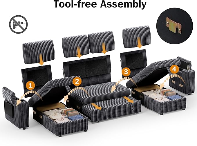 WEUP 108" Modular Sectional Sleeper Sofa with Pull Out Bed, 4 Seat Plush Corduroy U Shaped Couch with USB Ports|Cup Holders|Side Table|Storage Chaise Armrests, Tool Free Assembly, Grey