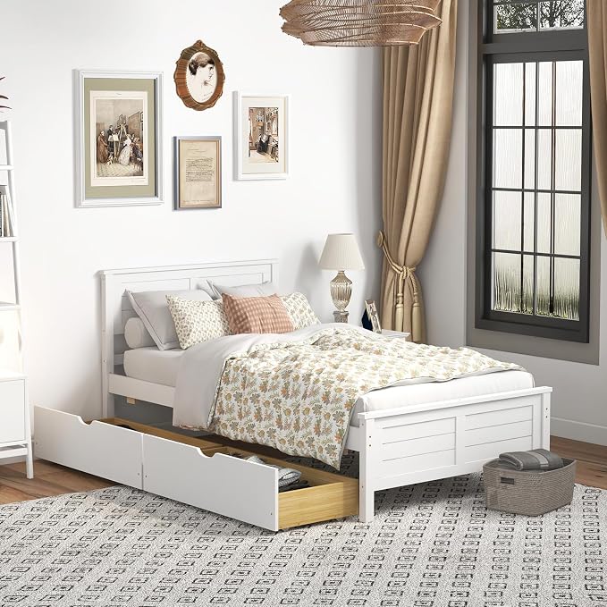 GOFLAME Twin Size Bed Frame with 2 Drawers, Platform Bed with Solid Wood Headboard & Footboard, Wood Slats Support Mattress Foundation, Under Bed Storage, No Box Spring Needed, Easy Assembly, White