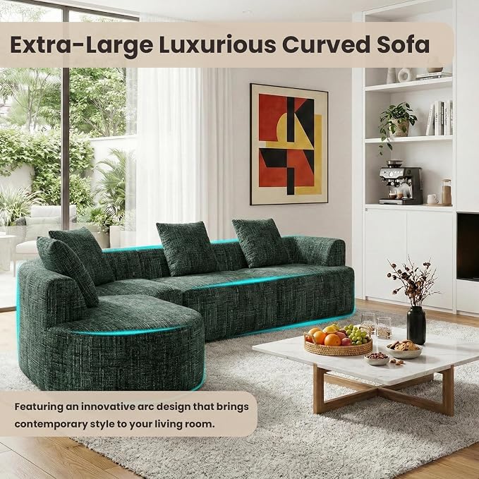 123" Curved Modular Sectional Sofa for Living Room, Oversized Chenille Cloud Couch, L-Shaped Boneless Sofa with Chaise Lounge, Compressed Couch Deep Seat, No Assembly (Green, L-Shape Left Chaise)