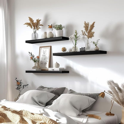 YYWUOJJ Wood Floating Shelves for Wall Decor, Rustic Wall Shelves for Bedroom Bathroom Kitchen Living Room, Set of 4 Black 24 Inch