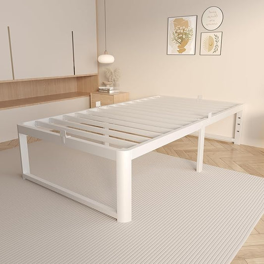 VYM 16 Inch Twin Size Bed Frames, Platform Bed with Metal Gaskets, Metal Bedframe No Box Spring Needed, DIY Headboard, Anti-Slip Mattress Stopper, Round Corner Leg, Easy Assembly, White