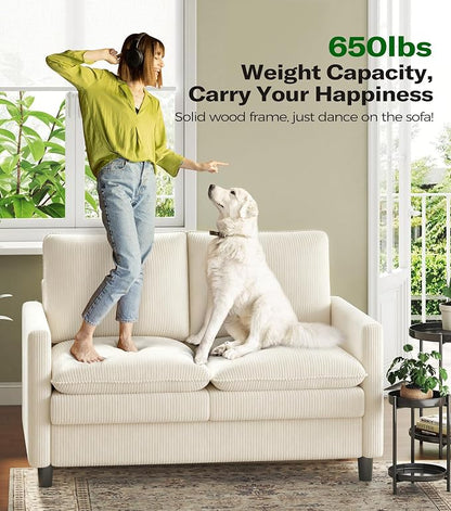 Welzona 3-Layers Cloud Loveseat Sofa, 51" Corduroy Small Couch for Living Room, Bedroom - Tool-Free Assembly Small Sofa - Beige - Futon Couch - Removable Washable Covers - 650lbs Capacity