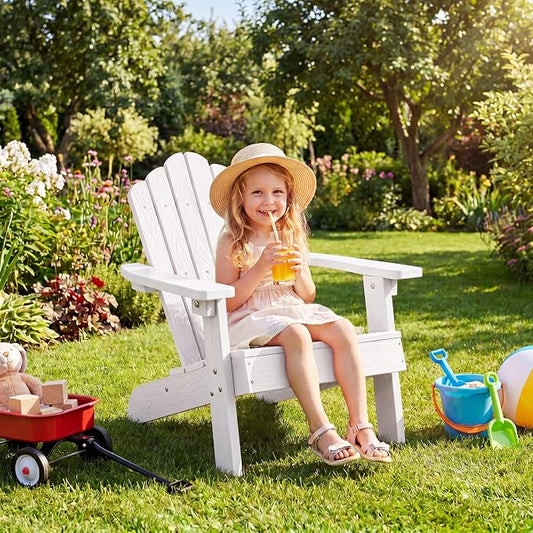 Costzon Kids Adirondack Chair, All-Weather HIPS Toddler Outdoor Chair, Wooden Textured Plastic Fire Pit Chair, Kids Patio Chair for Backyard Lawn Garden, Fits Children Age 3-7 Years (1, White)