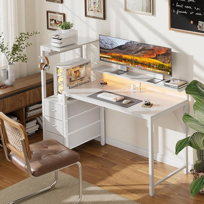 HLDIRECT 44 inch Gaming Desk with 3 Fabric Drawers & Side Hooks-Reversible Home Office Computer Desk with Power Outlets & Led Lights, Gamer Desk Table with Monitor Stand, White