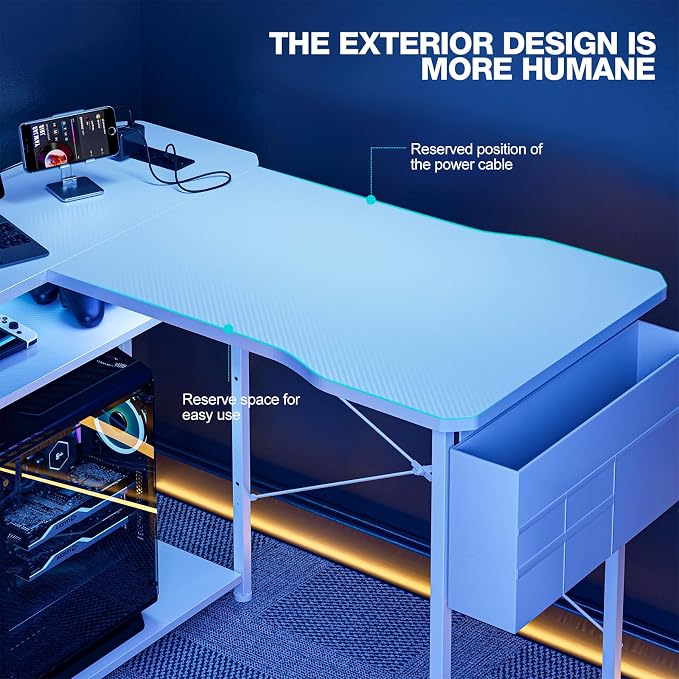 Acrolix L Shaped Gaming Desk 55 Inch - Computer Corner Desk with Power Outlets, Reversible Shelves & Storage Bag for Home Office, PC Gaming Table, White Carbon