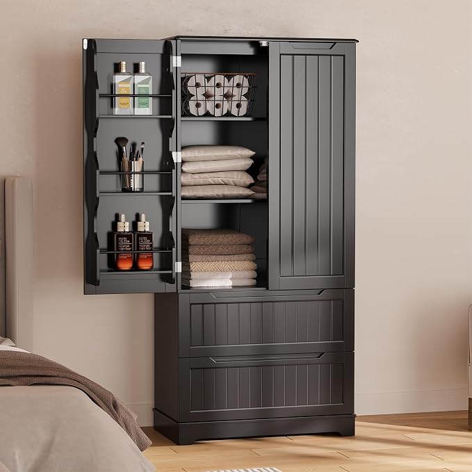 Gizoon Kitchen Storage Cabinets with Drawers Freestanding Kitchen Pantry with Doors and Shelves, 63" Food Pantry Cabinet for Dining Room Craft Room, Black, Painted