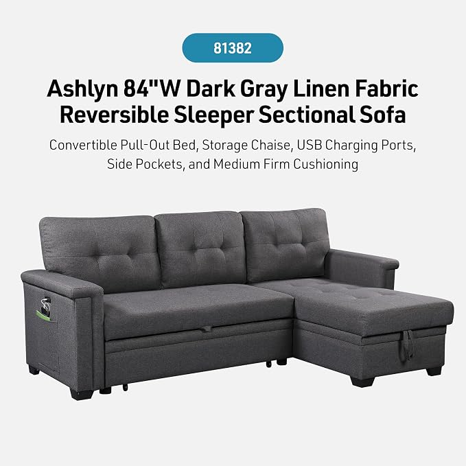 Lilola Home Ashlyn 84-inch Wide Dark Gray Linen Fabric Reversible Sleeper Sectional Sofa with USB Charging Ports – Convertible Pull-Out Bed, Storage Chaise, Side Pockets, and Medium Firm Cushioning