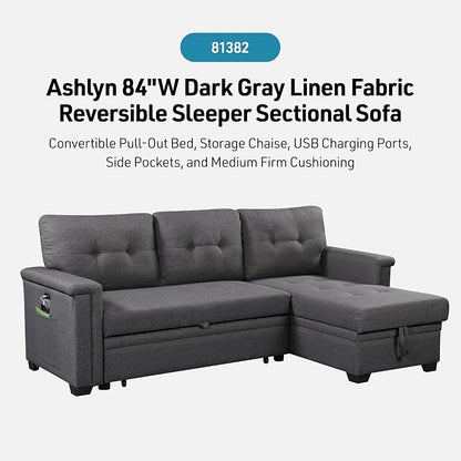 Lilola Home Ashlyn 84-inch Wide Dark Gray Linen Fabric Reversible Sleeper Sectional Sofa with USB Charging Ports – Convertible Pull-Out Bed, Storage Chaise, Side Pockets, and Medium Firm Cushioning