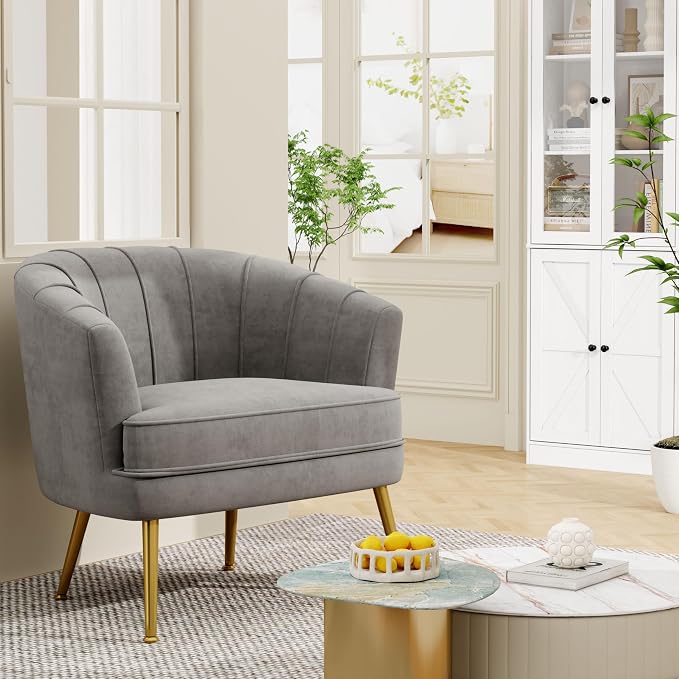 Andeworld Velvet Accent Chair, Upholstered Modern Single Sofa Side Chair,Comfy Barrel Club Living Room Armchair with Golden Metal Legs for Bedroom Living Reading Room Office, Grey